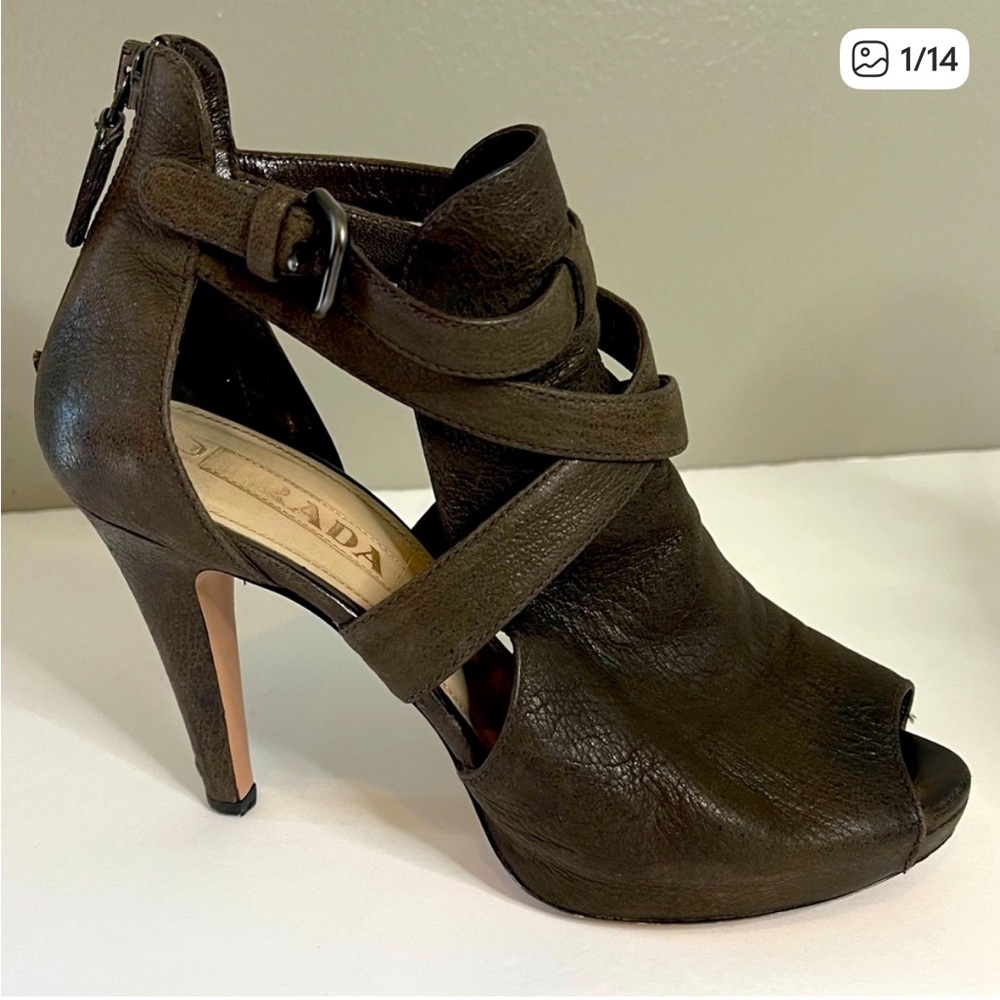 Prada Brown Leather Cutout Peep Toe Platform Heels Ankle Strap Sz 37